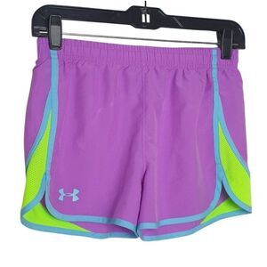 Under Armour Youth Girls Large Loose Fit HeatGear Shorts Purple/Blue/Neon Green